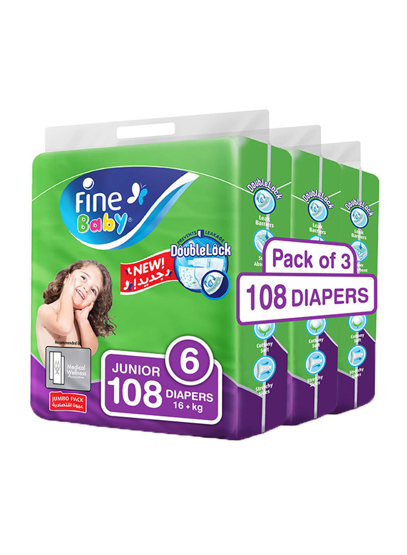 Baby Diapers, DoubleLock Technology , Size 6, Junior 16kg +, Jumbo Pack. 108 Diaper Count