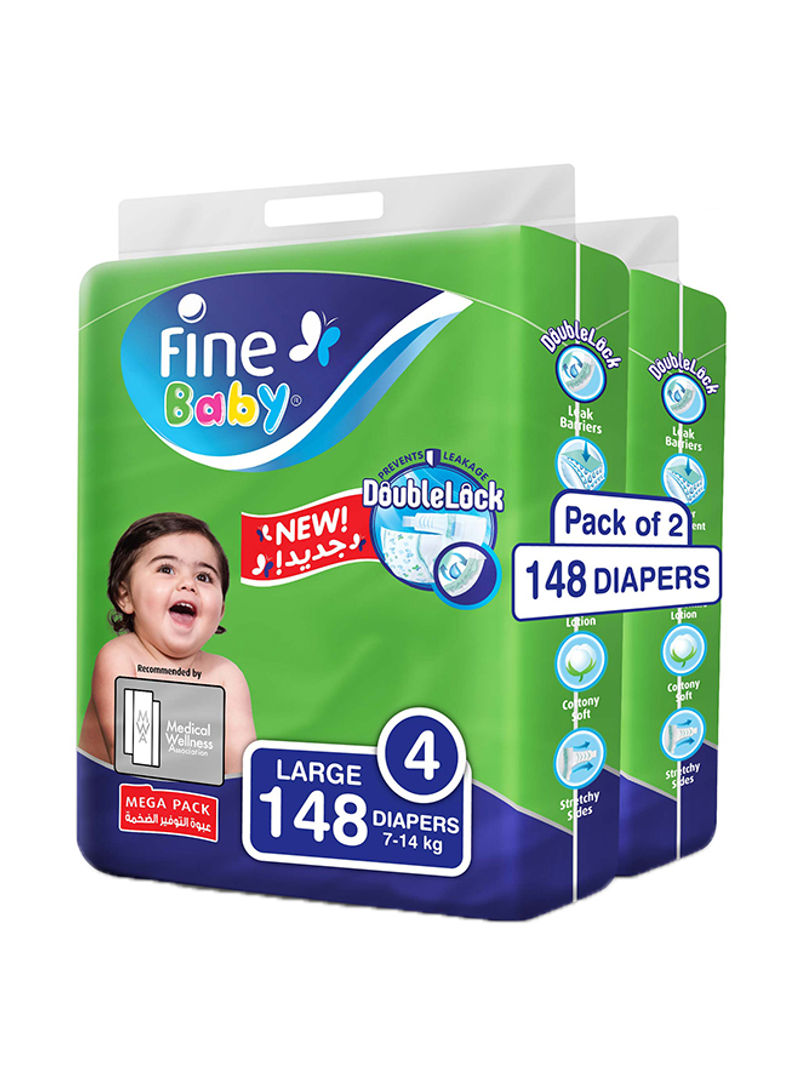 Baby Diapers, DoubleLock Technology , Size 4, Large 7 - 14kg , Mega Pack. 148 Diaper Count