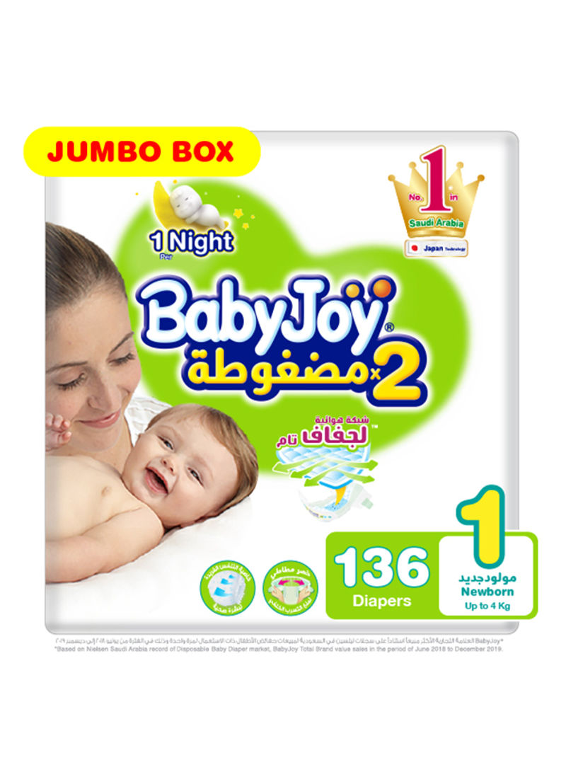 Tape Diaper, Size 1,Newborn, Upto 4 Kg, Jumbo Box, 136 Diapers