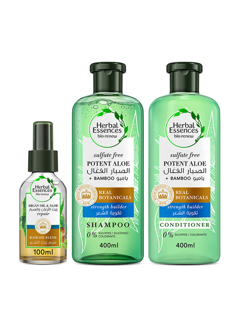 Potent Aloe Vera And Bamboo Shampoo, Conditioner With Argan And Aloe Vera Hair Oil For Damaged Hair And Frizzy Hair Set