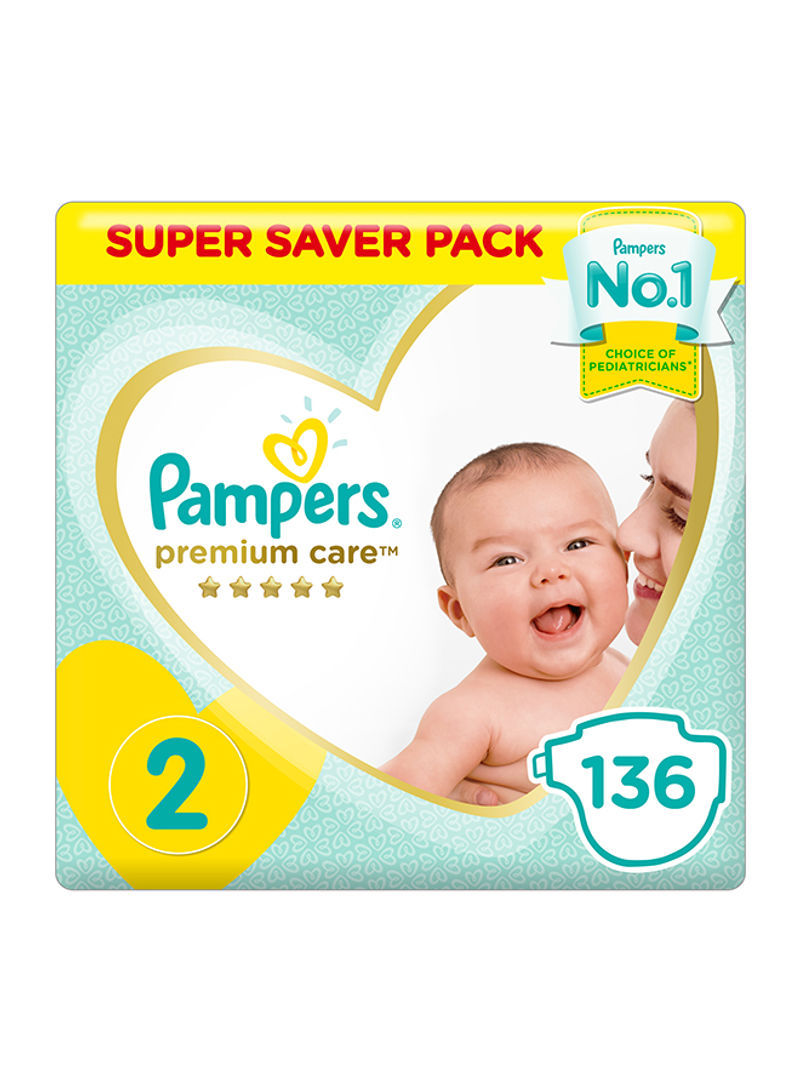 Premium Care Diapers, Size 2, Mini, 3-8 kg, Super Saver Pack, 136 Count