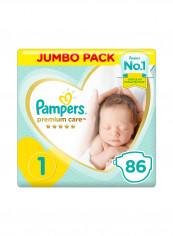 Premium Care Diapers, Size 1, 2-5 kg, Jumbo Pack, 86 Count