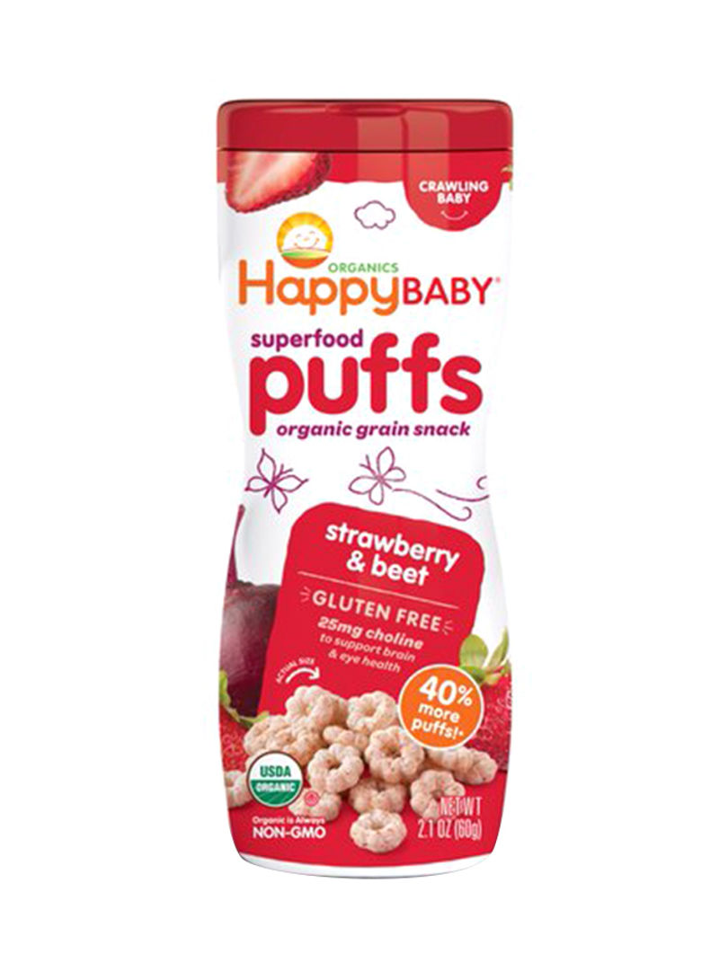 Happy Baby Organic Superfood Puffs, Strawberry And Beet, Fortified Baby Snacks For Eye And Brain Health,  60g Pouch