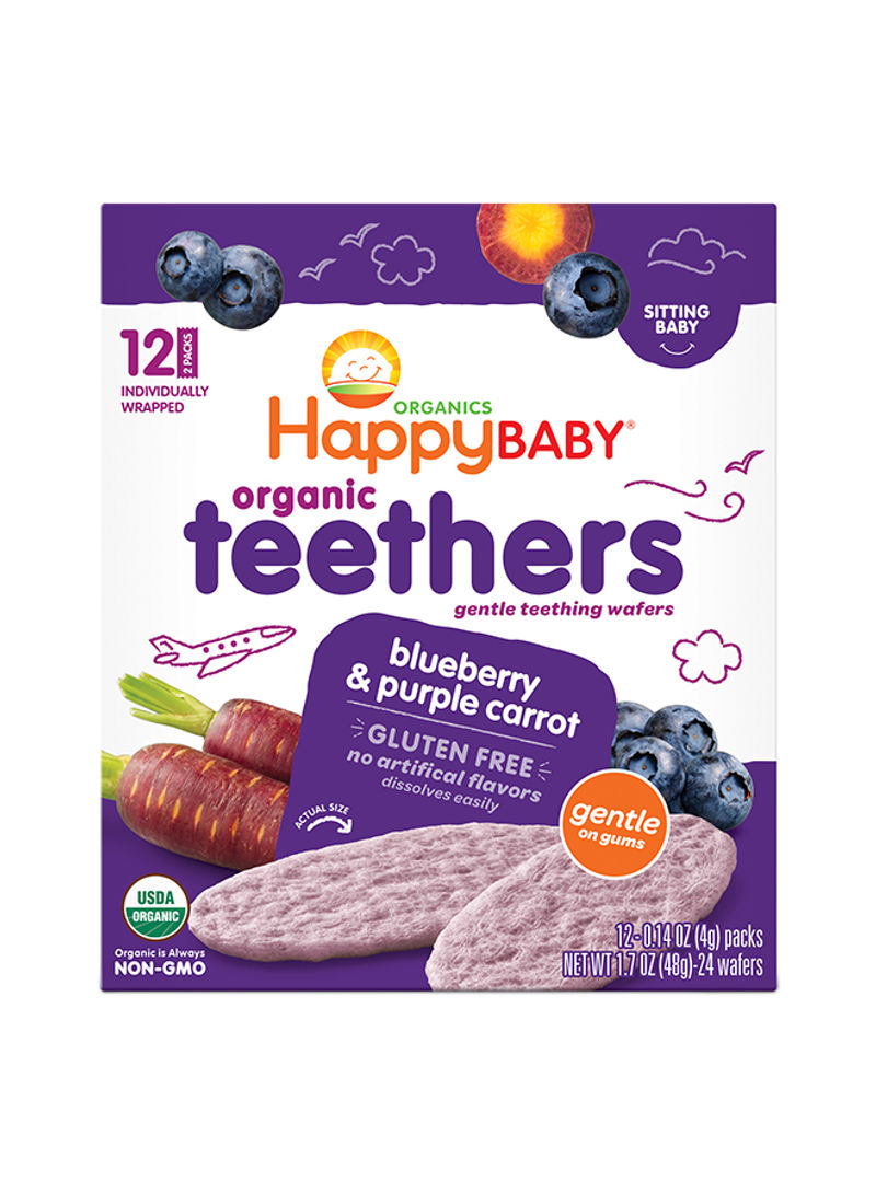 Happy Baby Stage 1 Gentle Teethers, Organic Teething Wafers, Blueberry, Purple Carrot, Soothing Rice Cookies For Teething Babies, Dissolves Easily, Gluten-Free, 48g Pouch Pack of 24