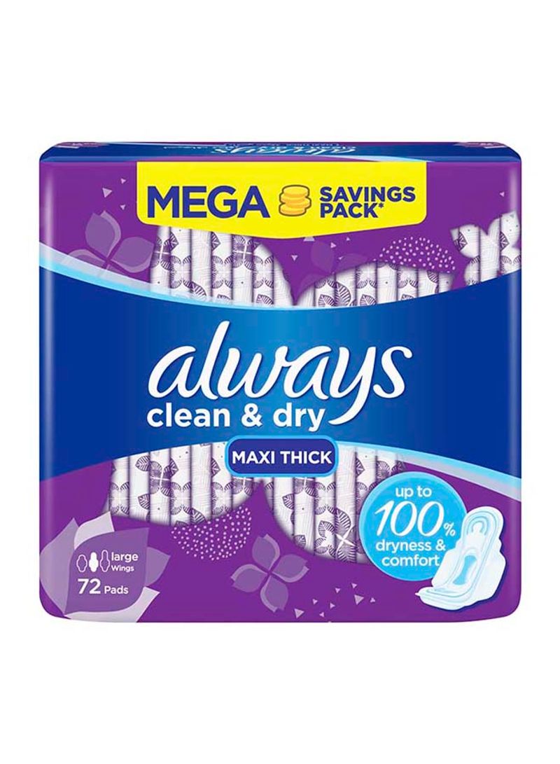 Pack Of 72 Clean And Dry Maxi Thick Large Sanitary Pads
