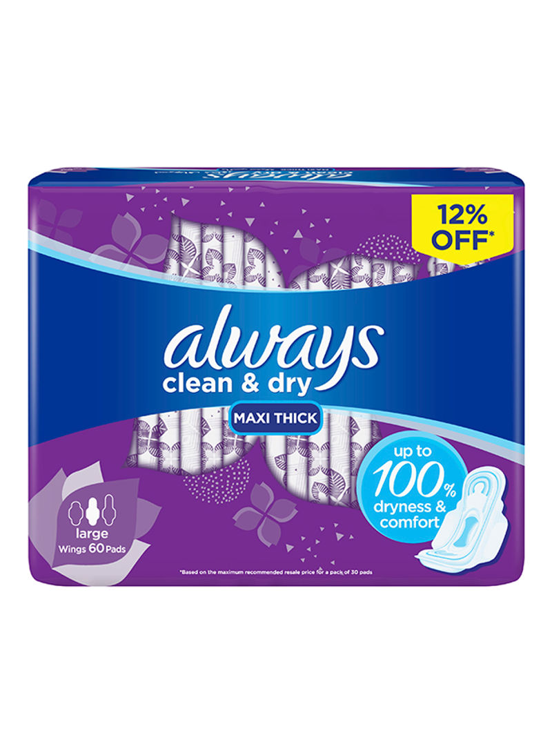 Clean And Dry Maxi Thick, Large sanitary pads with wings, 60 pads Large