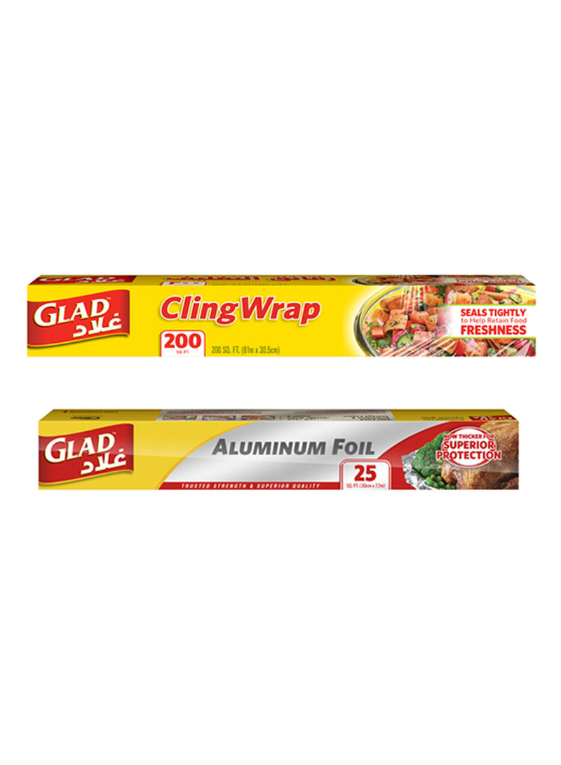 Cling Wrap Clear Plastic Loop 200 sq ft Dual Pack + Aluminium Foil 25 sq.ft. Free Silver
