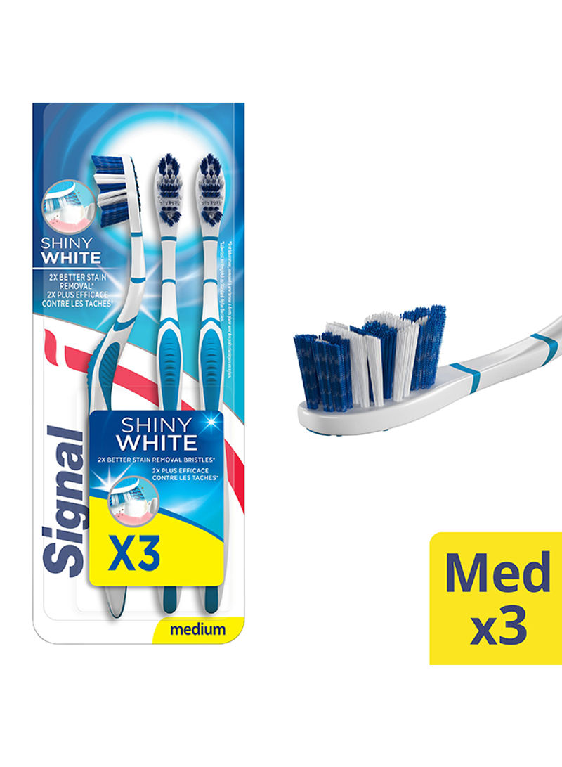 3-Piece Shiny White Medium Toothbrush Set Blue/White