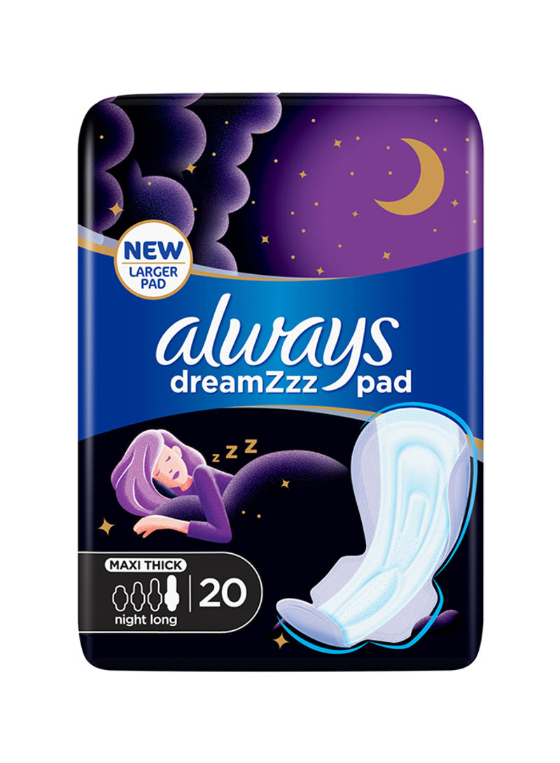 Dreamzz Pad Clean And Dry Maxi Thick, Night Long Sanitary Pads With Wings, 20 Count