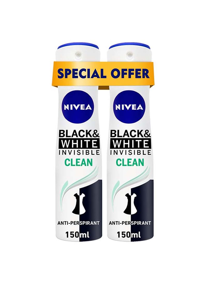 Pack Of 2 Black And White Invisible Clean Antiperspirant Spray 150ml