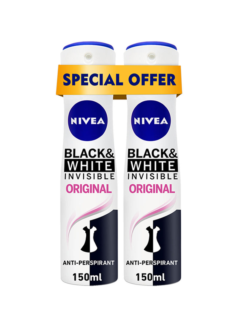 Pack Of 2 Black And White Invisible Original Antiperspirant Spray 150ml