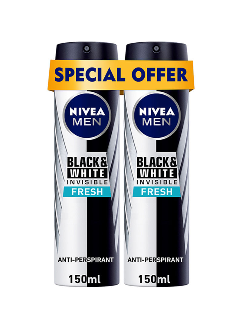Pack Of 2 Men Black And White Invisible Fresh Antiperspirant Spray 150ml