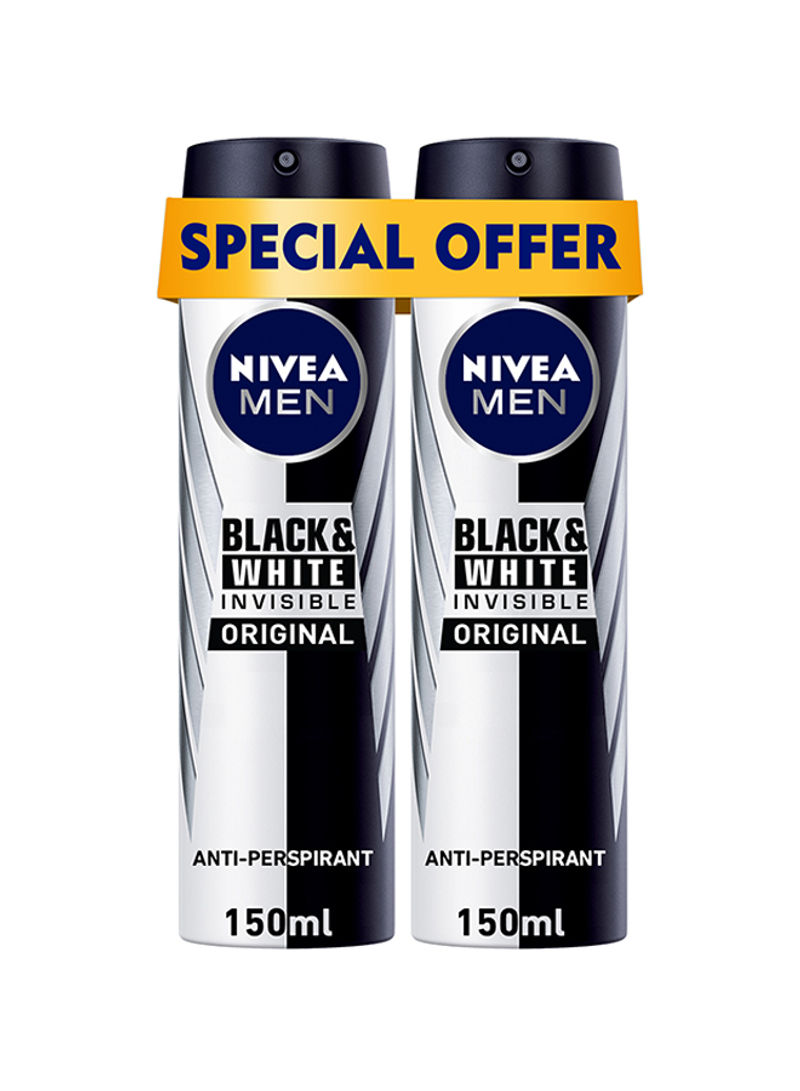 Pack Of 2 Men Black And White Invisible Original Antiperspirant Spray 150ml