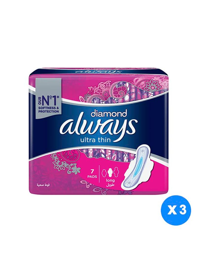 Diamond Ultra Thin 7 Long Sanitary Pads With Wings, Set of 3 White