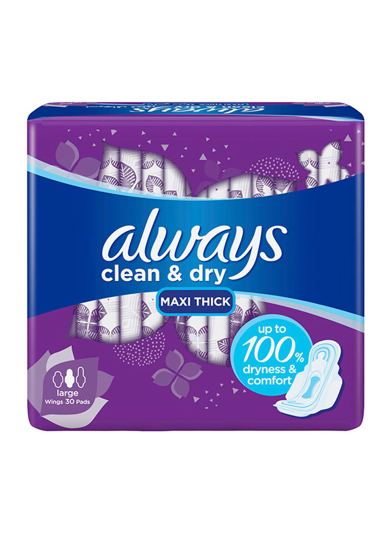 Clean And Dry Maxi Thick, Large Sanitary Pads With Wings, 30 Count