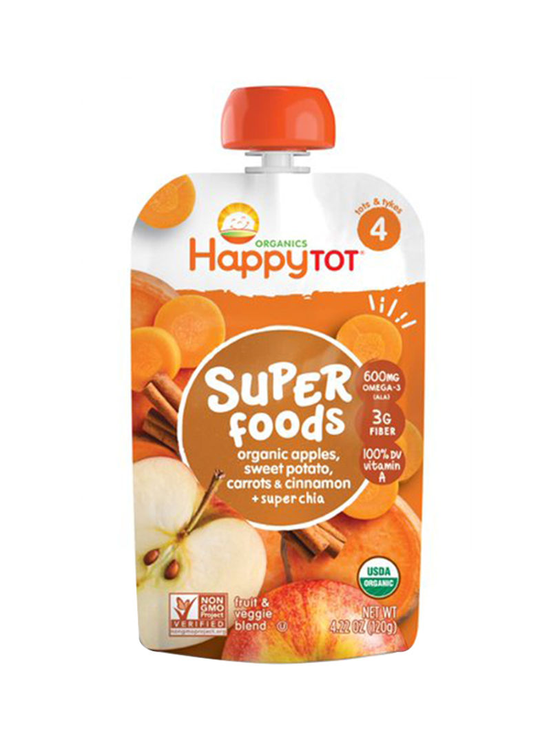 Happy Tot Organic Stage 4 Super Foods Apples Sweet Potatoes Carrots And Cinnamon + Super Chia, Non-Gmo, Gluten Free, 3g Fiber Source Of Vitamins A And C, 120g Pouch