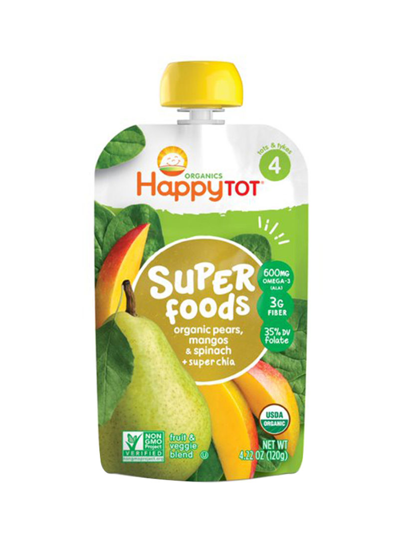 Happy Tot Organic Stage 4 Super Foods, Pears Mangos And Spinach + Super Chia, Non-Gmo, Gluten Free, 3g Of Fiber Excellent Source Of Vitamins A And C, 120g Pouch