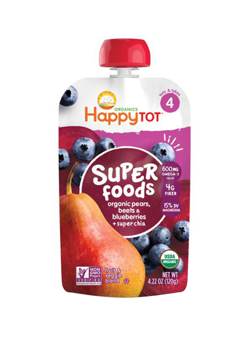 Happy Tot Organic Super Foods Pouch Stage 4 Pears Blueberries And Beets + Super Chia, Mess Free Pouch For Self Feeding, Simple Organic Ingredients, 120g Pouch
