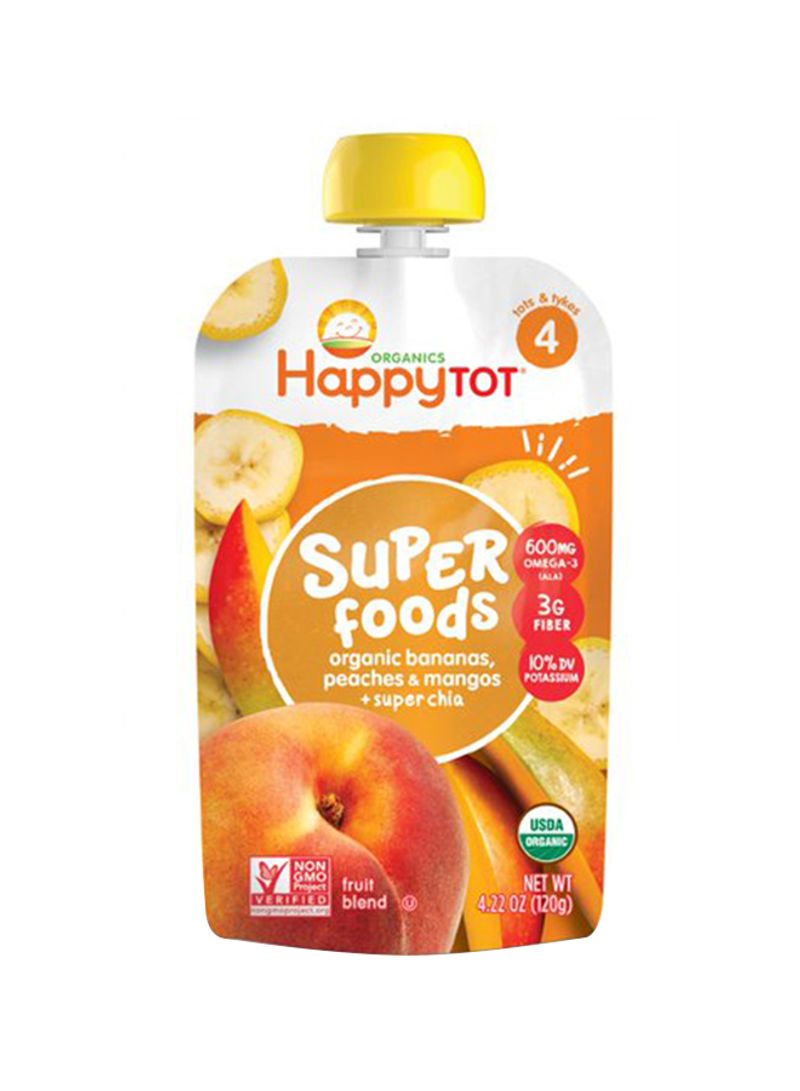 Happy Tot Organic Stage 4 Super Foods, Banana, Peaches And Mango + Super Chia, Non-Gmo, Gluten Free, 3g Of Fiber, Excellent Source Of Vitamins A And C, 120g Pouch