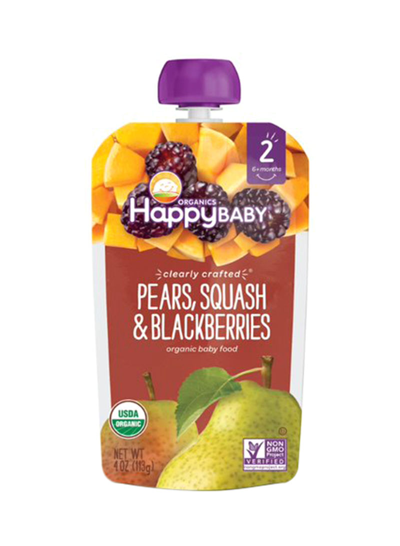 Happy Baby Organic Clearly Crafted Stage 2 Baby Food, Pears, Squash And Blackberries, 113g Pouch