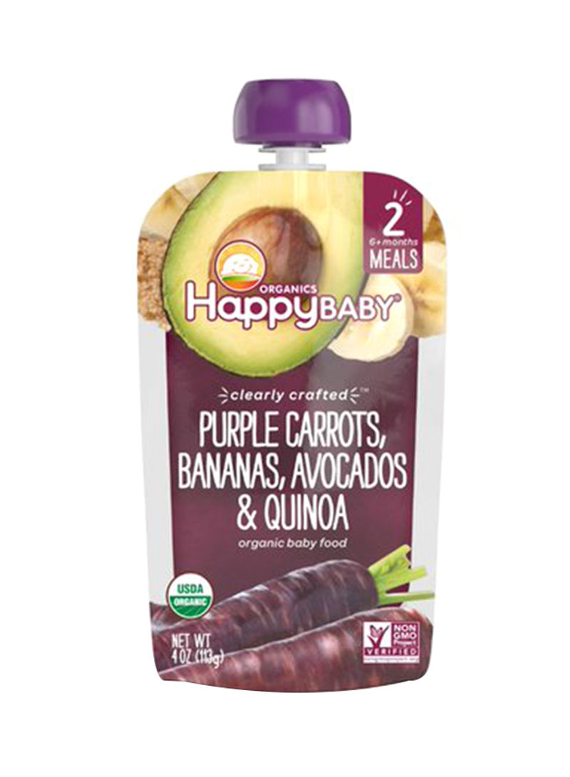 Happy Baby Organic Clearly Crafted Stage 2 Baby Food Purple Carrots, Bananas, Avocados And Quinoa, 113g Pouch
