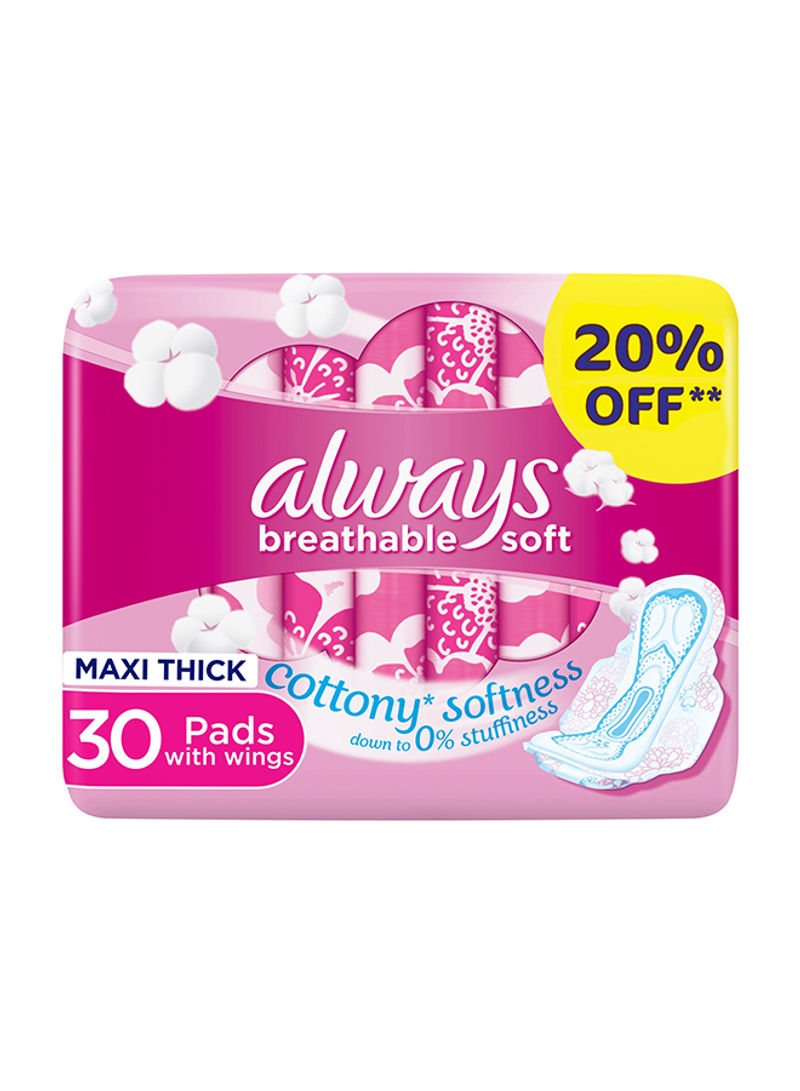 Breathable Soft Maxi Thick, Large Sanitary Pads With Wings, 30 Pads