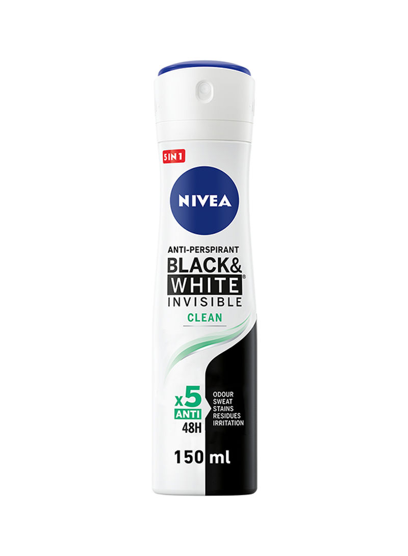 Black And White Invisible Clean, Antiperspirant For Women, Spray 150ml