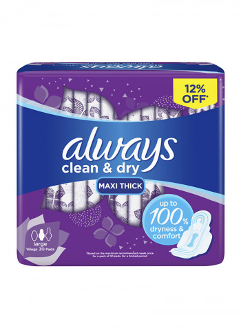 Clean & Dry Maxi Thick, Large Sanitary Pads, 30 Pads