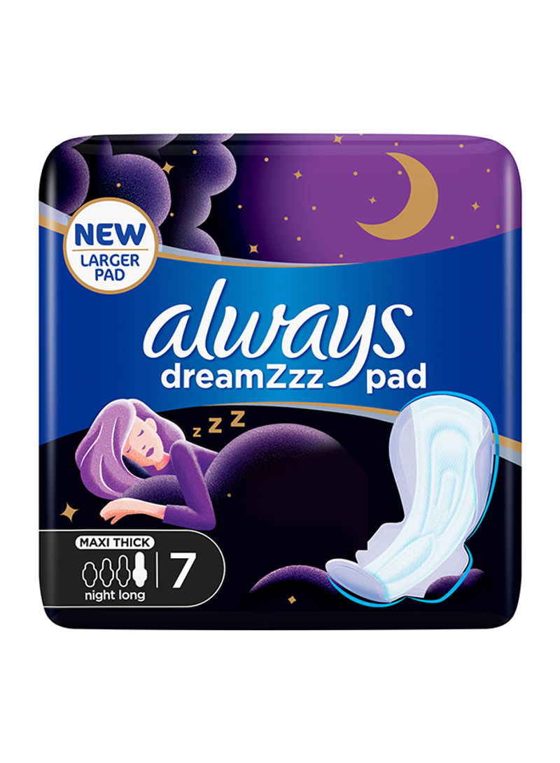 Dreamzz Pad Clean And Dry Maxi Thick, Night Long Sanitary Pads With Wings, 7 Count