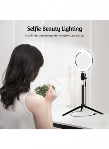 Dimmable Ring Video Light With Tabletop Tripod Selfie Stick 16centimeter Black