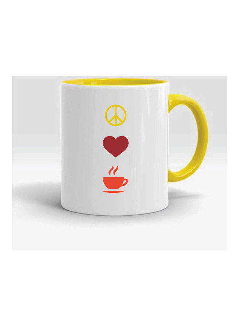Peace Love Coffee Printed Ceramic Mug Yellow/White/Red 325ml