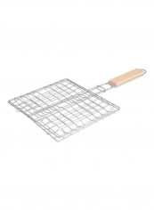Mini Wooden Handle Square Grill Net Fish Bread Barbecue Clip Silver/Beige 39.5x19x2.5cm