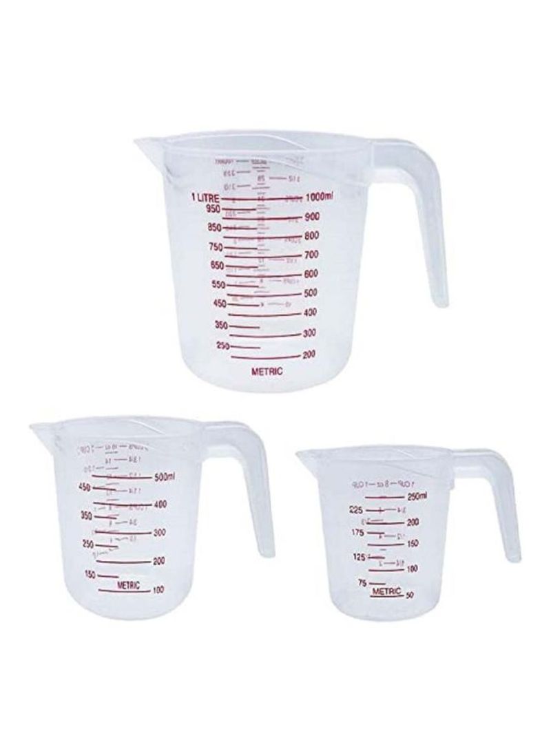 3-Piece Plastic Measuring Cup Set Clear/Red Small Cup 250, Medium Cup 500, Large Cup 1000ml