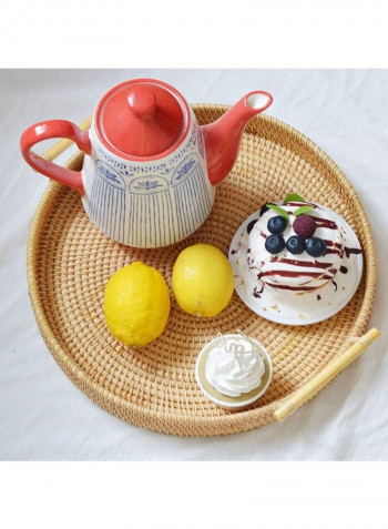 Round Rattan Serving Tray with Handles Brown 32cm