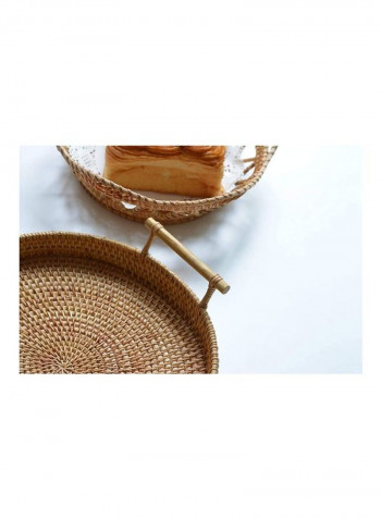 Round Rattan Serving Tray with Handles Brown 32cm