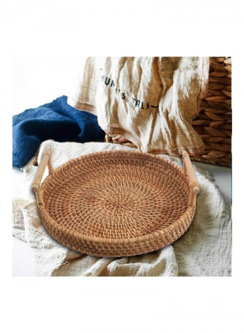 Round Woven Serving Tray with Handles Brown 22cm