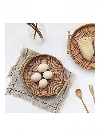 Round Woven Serving Tray with Handles Brown 22cm