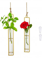 2 Hanging Planter Test Tube Vases With Twine Rope And Hooks Gold/Clear 20 x 4 x 32.5cm