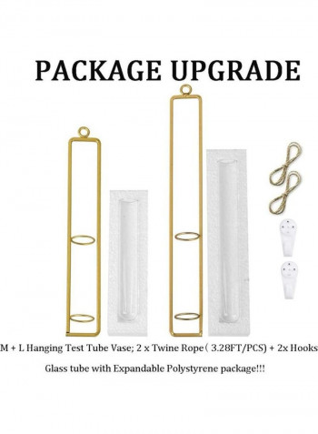 2 Hanging Planter Test Tube Vases With Twine Rope And Hooks Gold/Clear 20 x 4 x 32.5cm