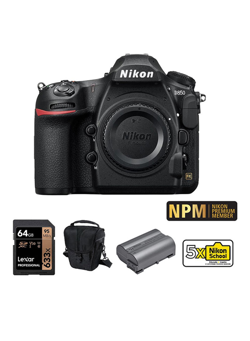 Nikon D850 DSLR Camera Body only + EN-EL15B  Battery + Case + 64 GB Card +  Nikon Premium Membership + 5 X Nikon School