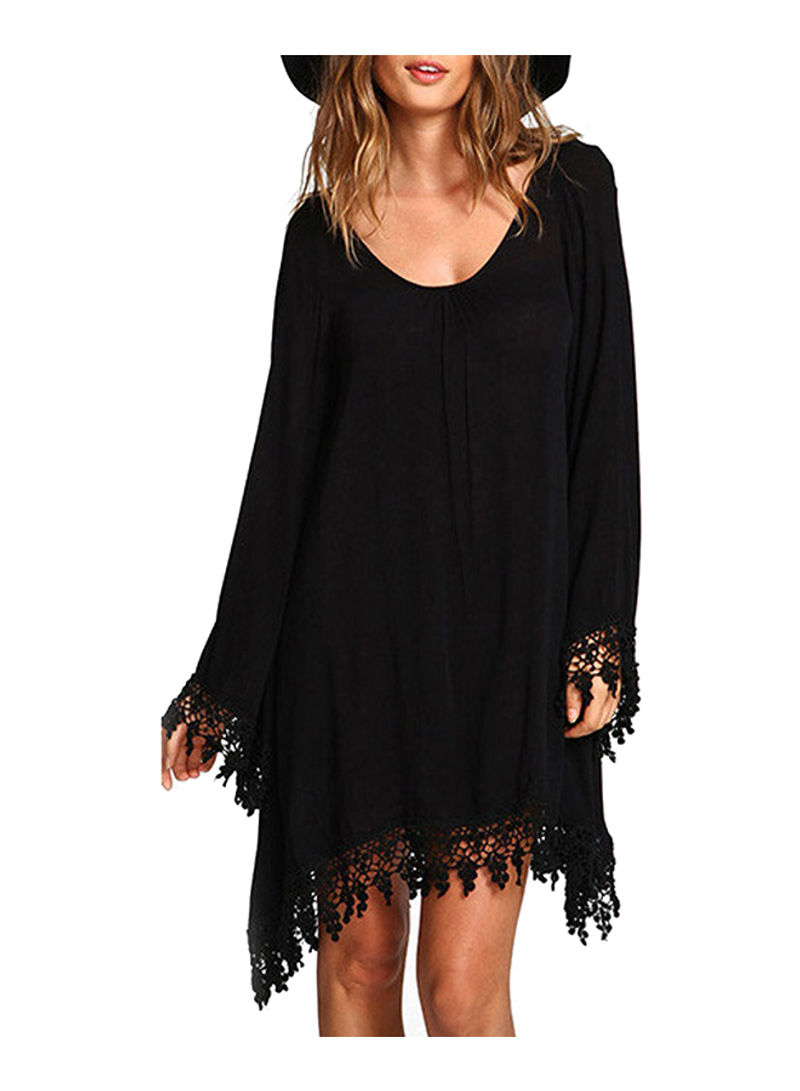 Solid Lace Floral Hem Long Sleeve Fashion Cover Up Black