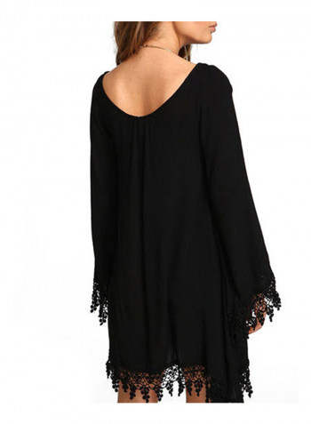 Solid Lace Floral Hem Long Sleeve Fashion Cover Up Black