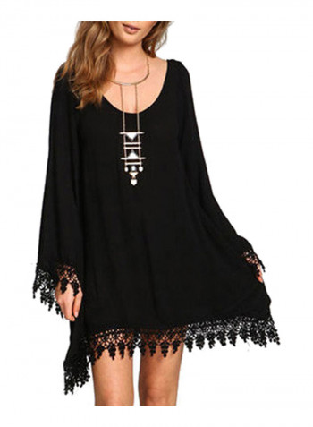 Solid Lace Floral Hem Long Sleeve Fashion Cover Up Black