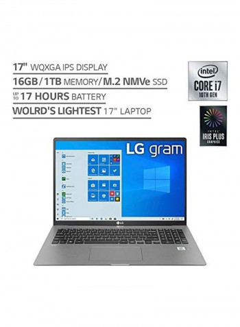 لابتوب جرام بشاشة مقاس 17 بوصة ومعالج كور I7 وذاكرة رام سعة 16 جيجابايت ومحرك أقراص SSD سعة 1 تيرابايت وبطاقة رسومات إنتل فائقة الوضوح رمادي