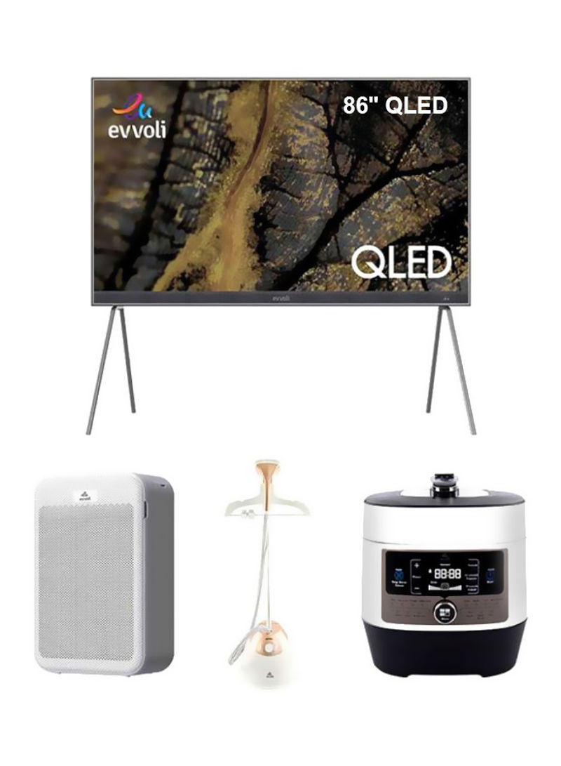 86-Inch QLED Android Smart TV With SoundBar System, 2.5 Liter 1750W 3 Stage Garment Steamer, Smart Air Purifier 5-Layer Filters With True Hepa Control And 5 Liters 14 In 1 Multi-Use Programmable Pressure Cooker 86EV600QA/EVIR-GS1750G/EVAP-43W/EVKA- PC5014B Black/Grey