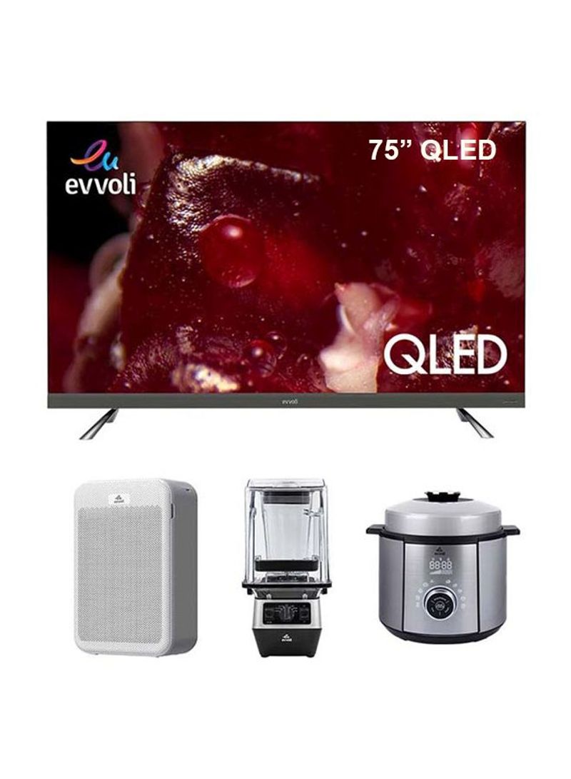 75 Inch QLED Android Smart TV With Sound-Bar System , 6 Liters 2 In 1 Rice Cooker With Steamer , 2 Liters 2200W Ice Crusher, 3 Speed Control Commercial Blender And Smart Air Purifier 5-Layer Filters With True Hepa Control 75EV350QA/EVKA-PC6010S/EVKA-CBL20B/AP43W Black