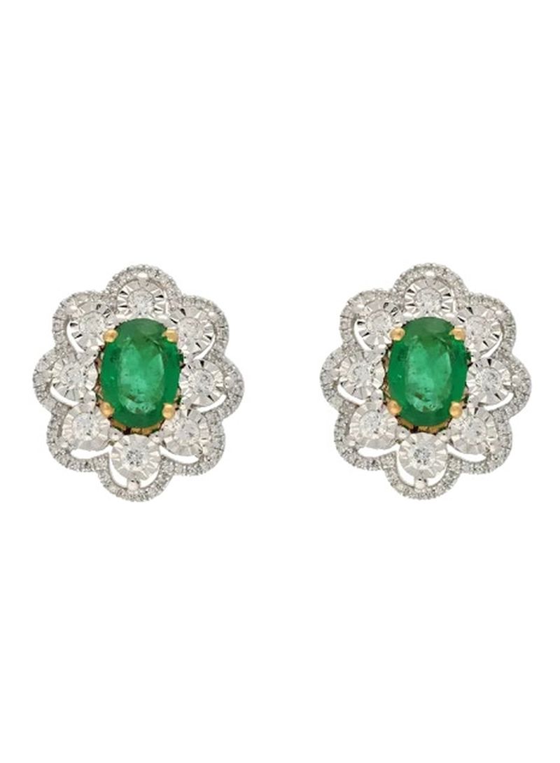 18 Karat Gold 0.53Ct Diamond And Emerald Stone Studded Stud Earrings