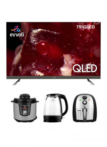 75 Inch QLED Android Smart TV With SoundBar System And 9-In-1 Multi-Use Programmable Pressure Cooker + 5.5 Liters 6 Preset Program MultiFunction Air Fryer + Glass Body Kettle 1.7L 75EV350QA/EVKA-PC6009B/EVKA-AF5501B/EVKA-KE17MB Black