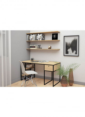Retro Study Table Home Office Setup with Top Shelves Brown/Black 1500 x 550 x 1800centimeter