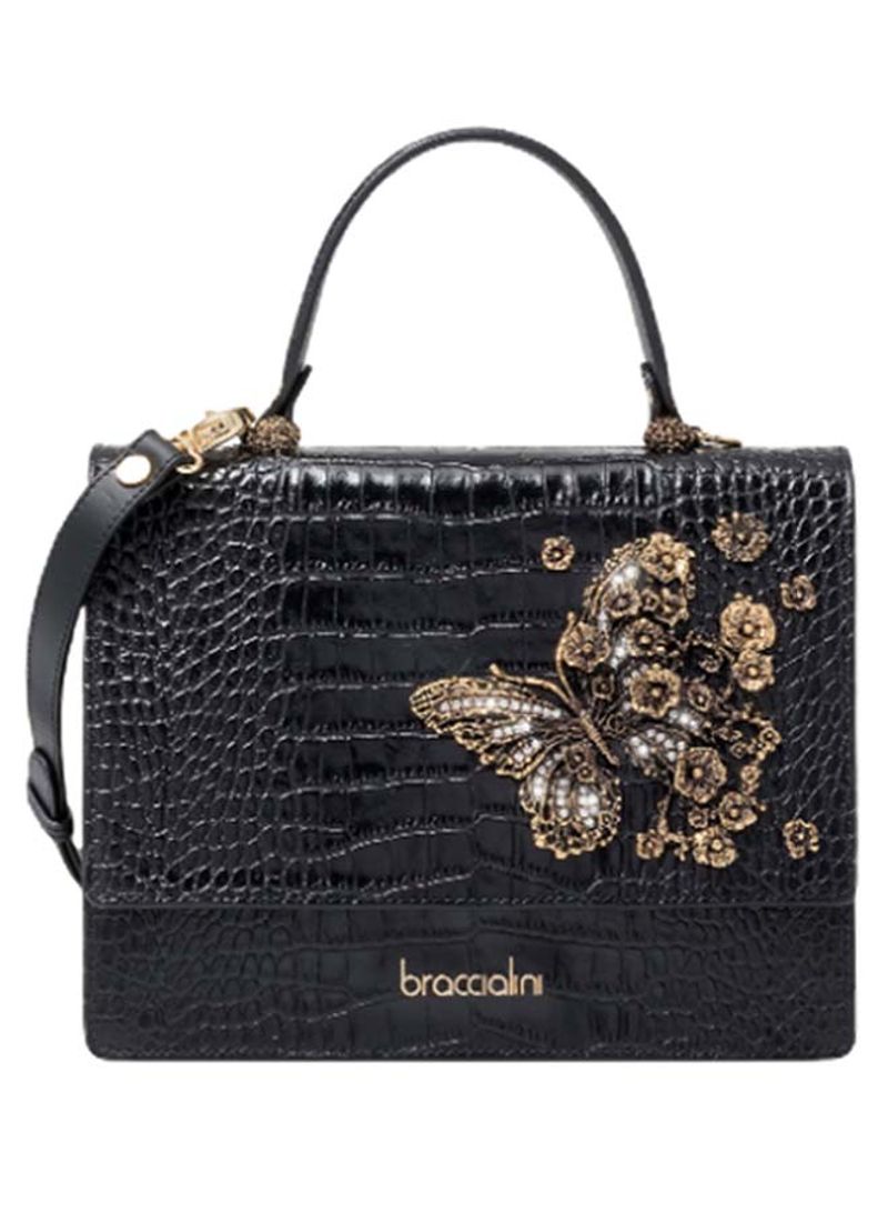 Penelope Croco Butterfly Detail Crossbody Bag Black/Gold